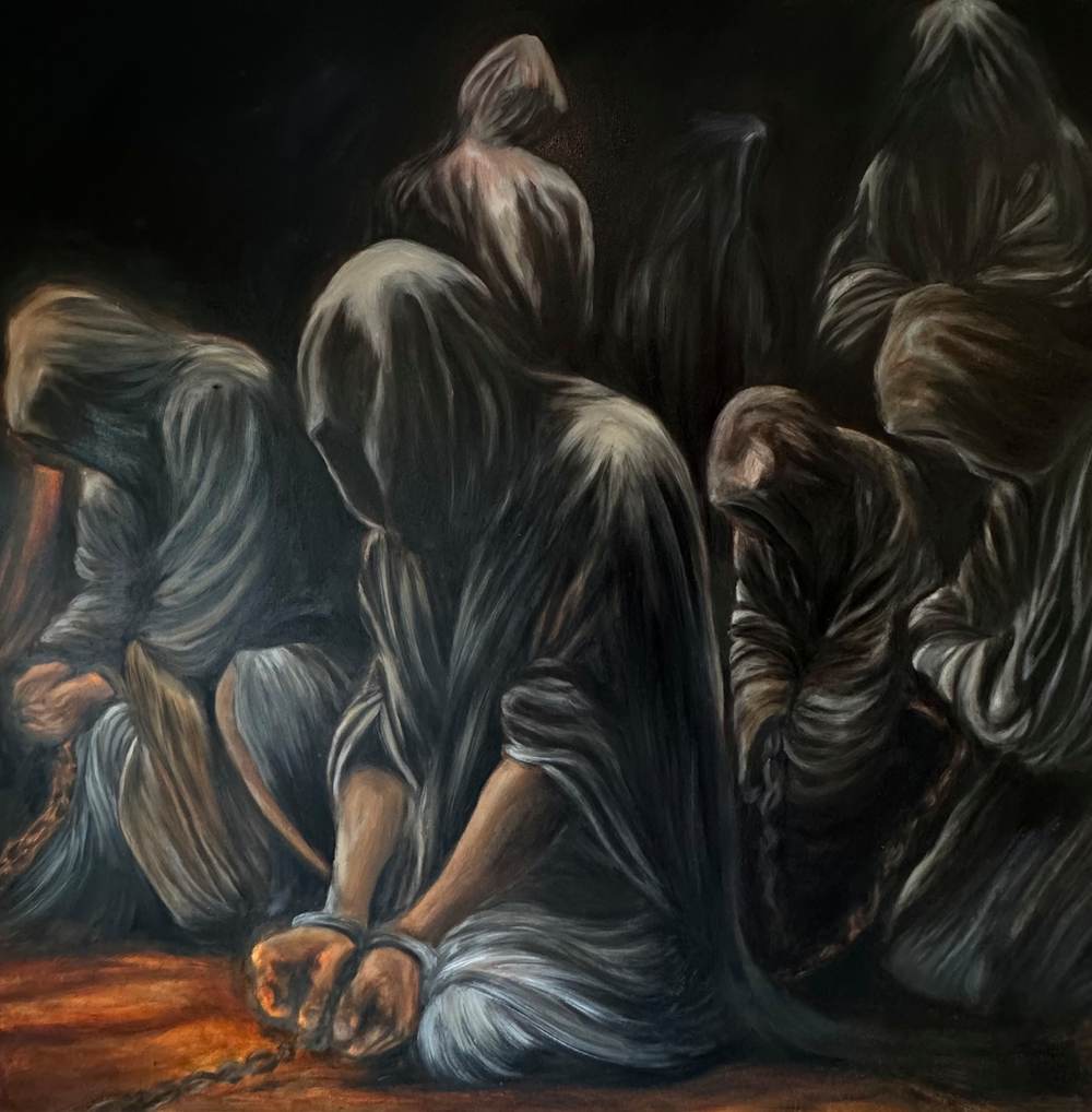 Oil painting of a crowd of faceless shrouded figures kneeling in darkness, wrists chained, lit from an amber floor.