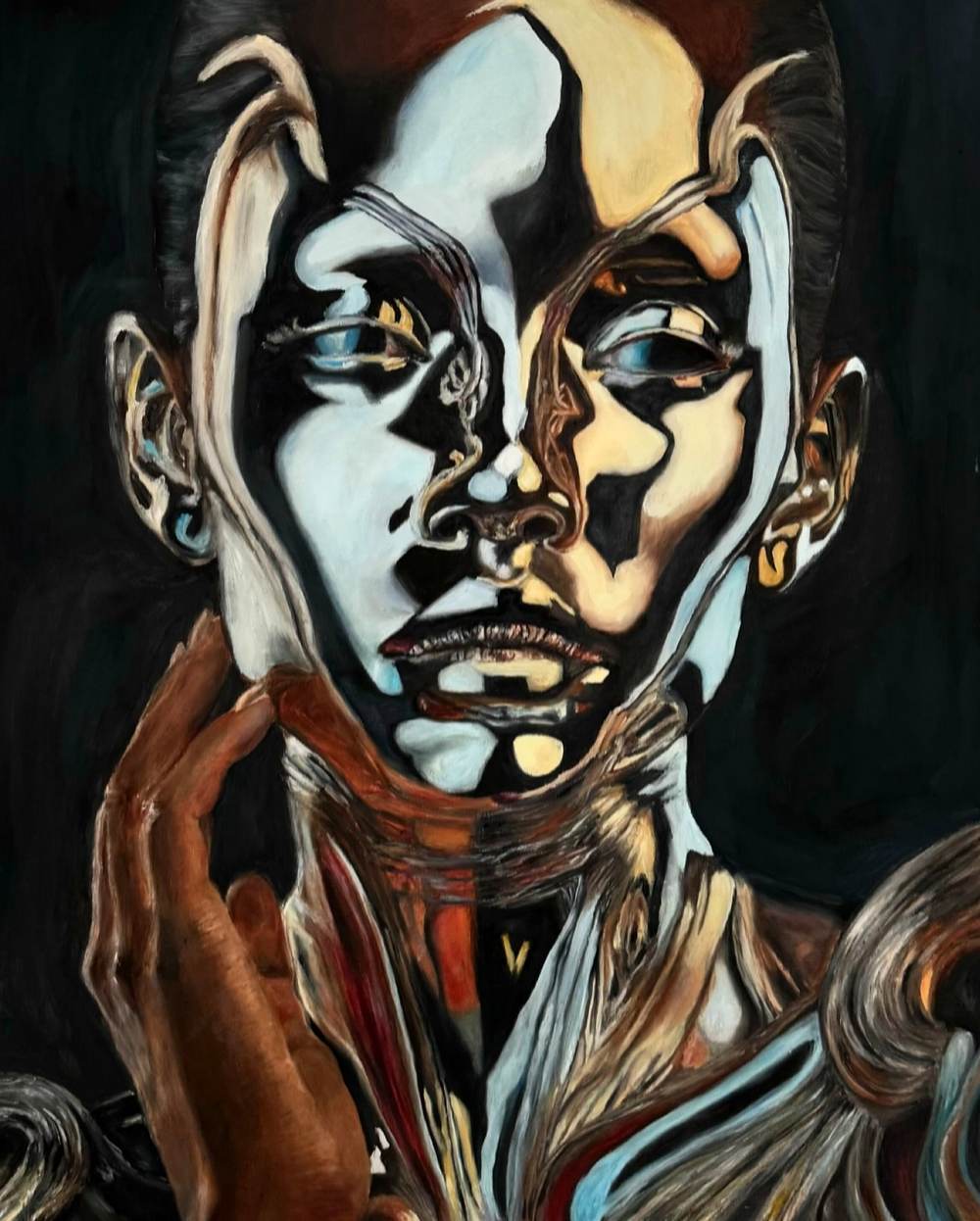 Oil painting of a woman whose face is fractured into flat, liquid-chrome planes of ice blue, ivory, gold and black, one hand resting at her jaw, against a black background.