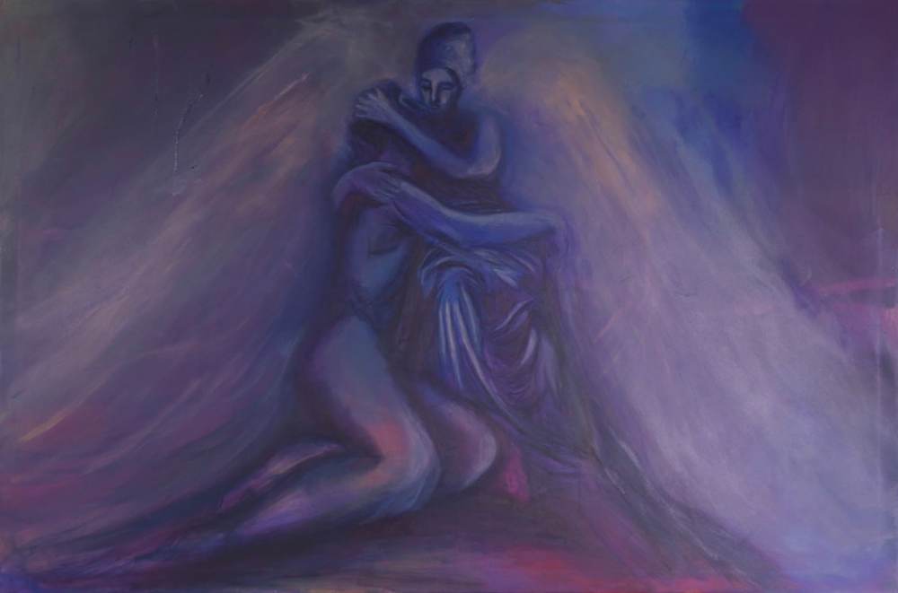 Oil painting in violet and indigo of a winged angel embracing a kneeling nude figure, light streaming through the wings.