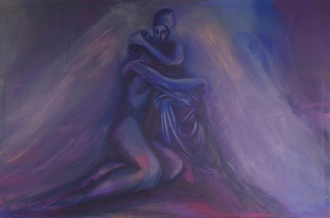 Oil painting in violet and indigo of a winged angel embracing a kneeling nude figure, light streaming through the wings.