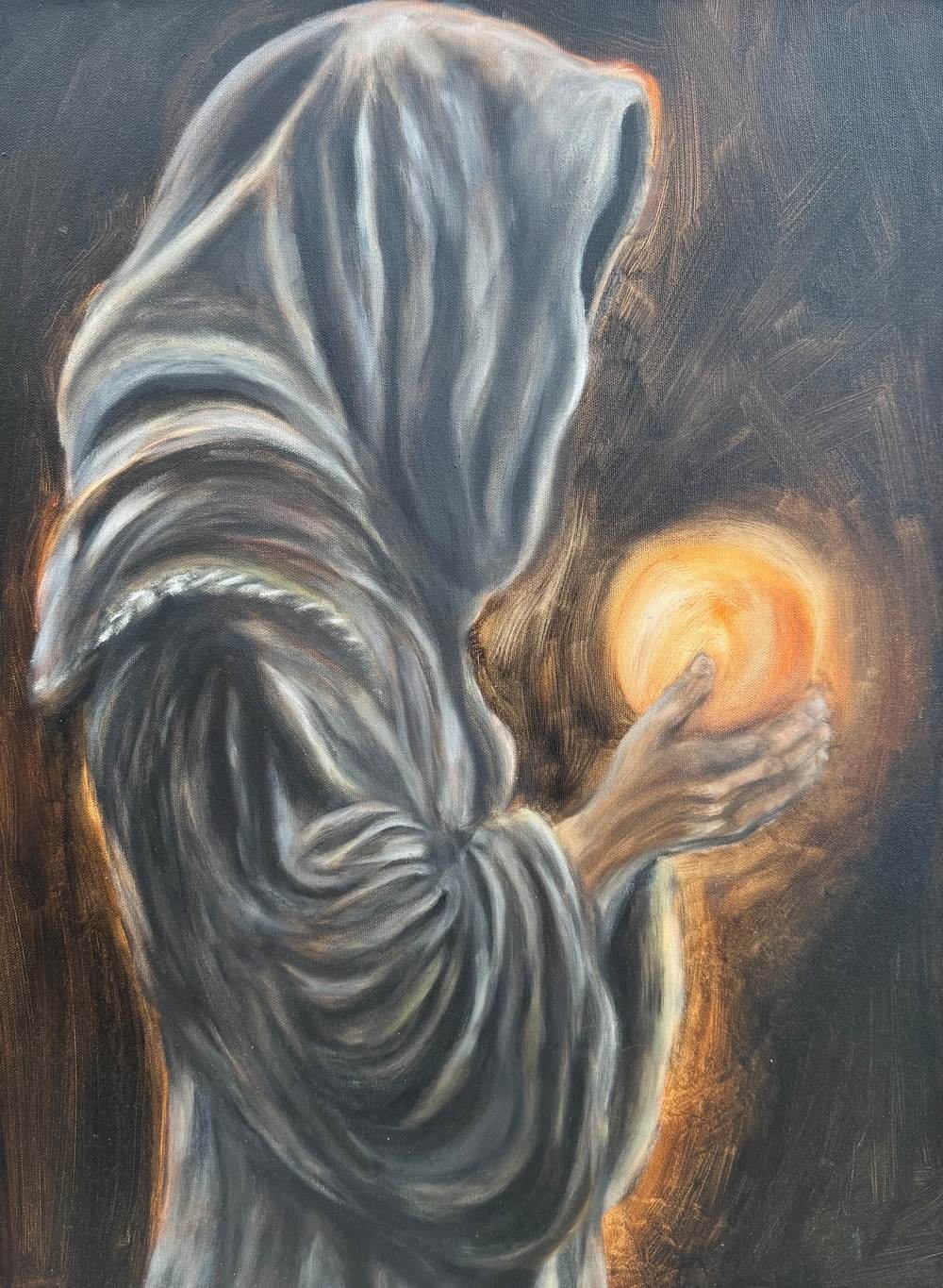 Oil painting of a grey-robed hooded figure seen from behind, cradling a glowing amber orb in one hand.