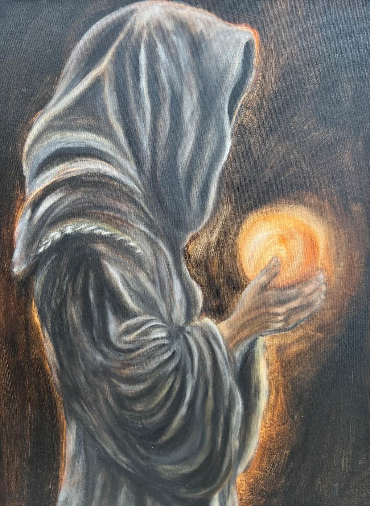 Oil painting of a grey-robed hooded figure seen from behind, cradling a glowing amber orb in one hand.