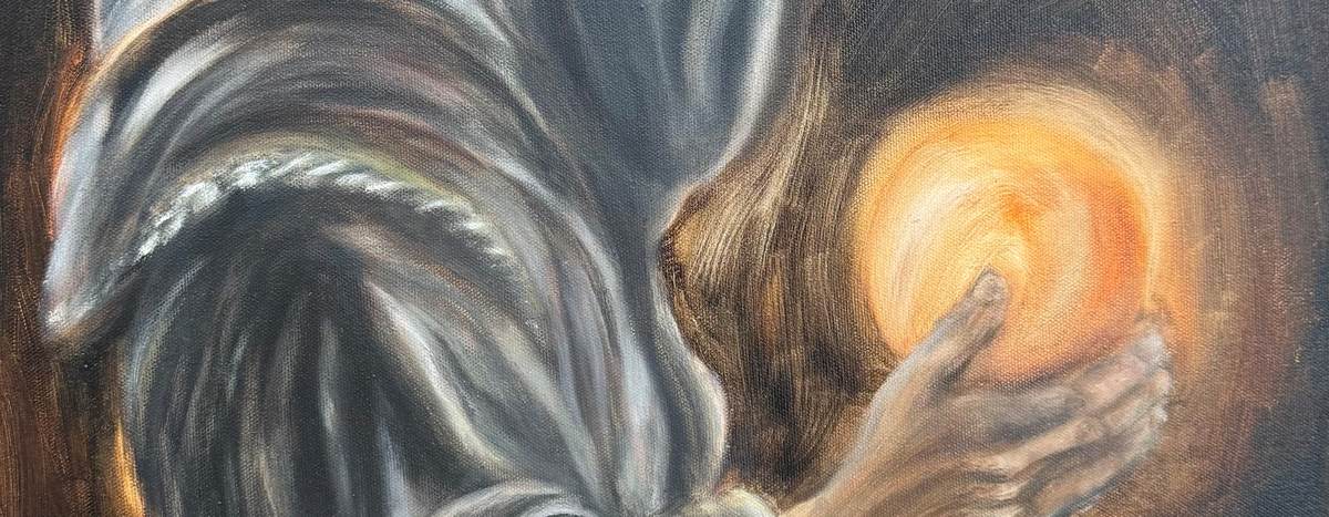 Detail of the painting Keeper of Light: a grey-robed hooded figure cradling a glowing amber orb.