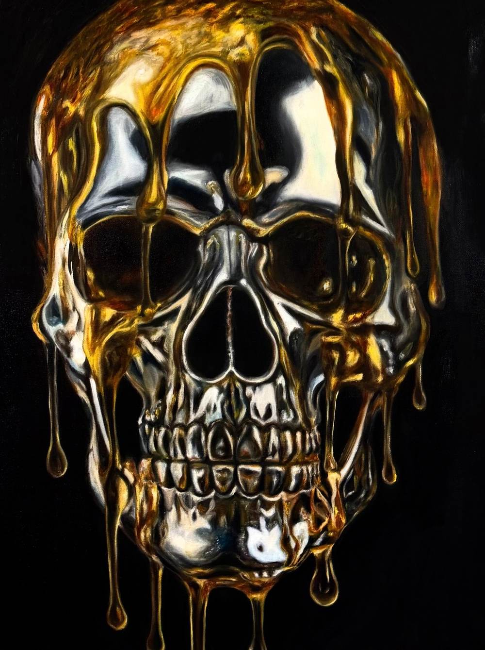 Oil painting of a mirror-chrome human skull with molten gold dripping over its crown and down its face, on black.