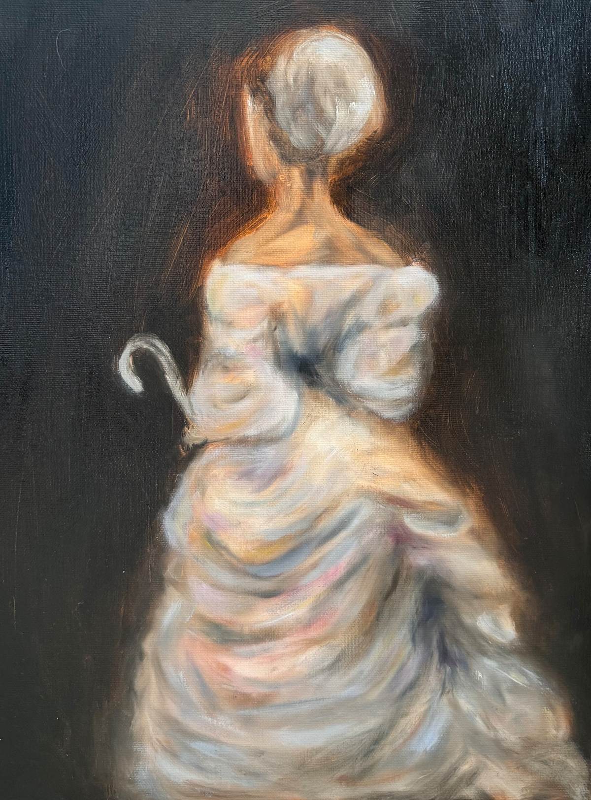 Soft oil painting of a woman seen from behind in a white Victorian bustle gown, holding a shepherd's crook, against darkness.