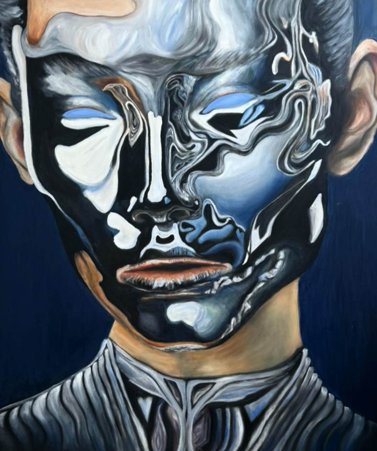 Oil painting of a man's face rendered as swirling liquid mercury in black, silver and pale blue, with skin-toned ears and neck and a pinstriped collar, on deep navy.