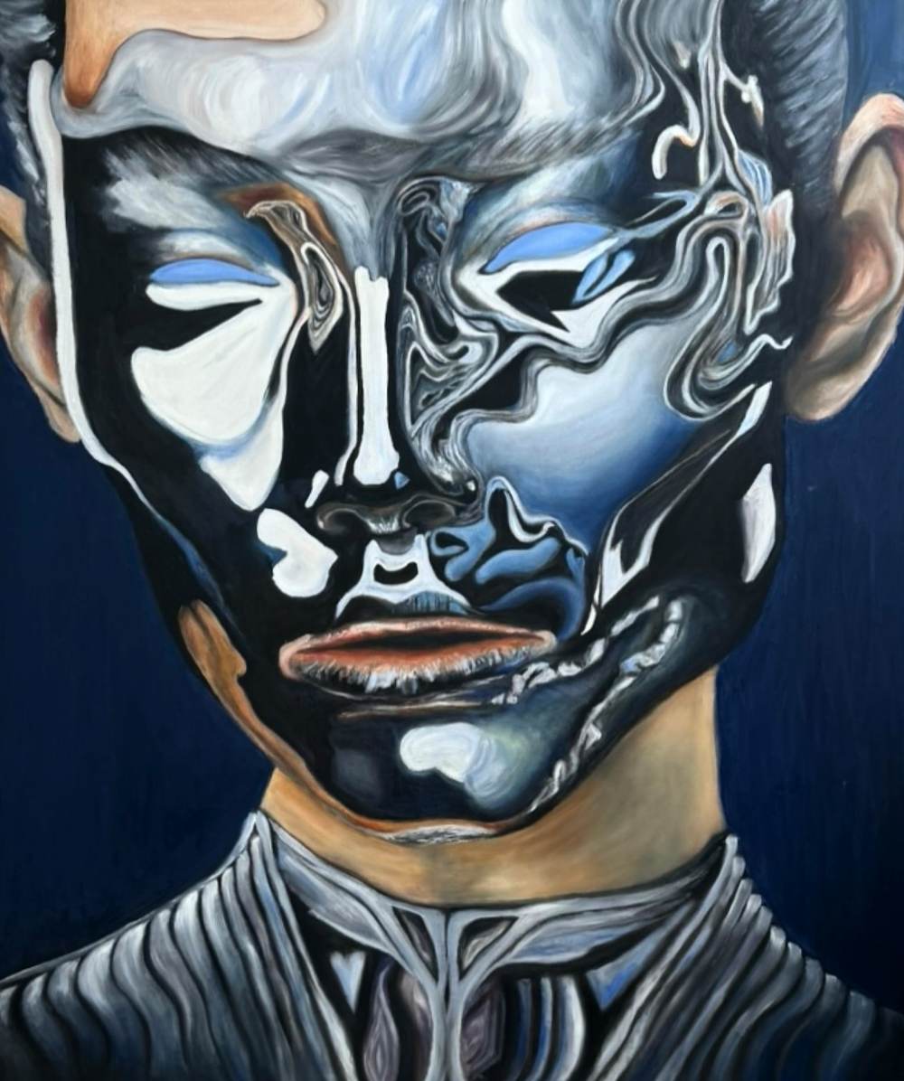 Oil painting of a man's face rendered as swirling liquid mercury in black, silver and pale blue, with skin-toned ears and neck and a pinstriped collar, on deep navy.