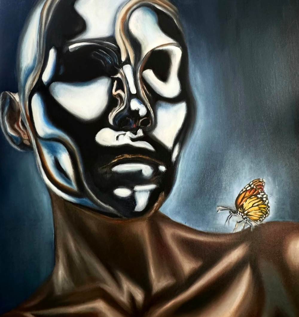 Oil painting of a bald man with a mirror-chrome face and bronze shoulders; a monarch butterfly rests on his shoulder against a misty navy background.