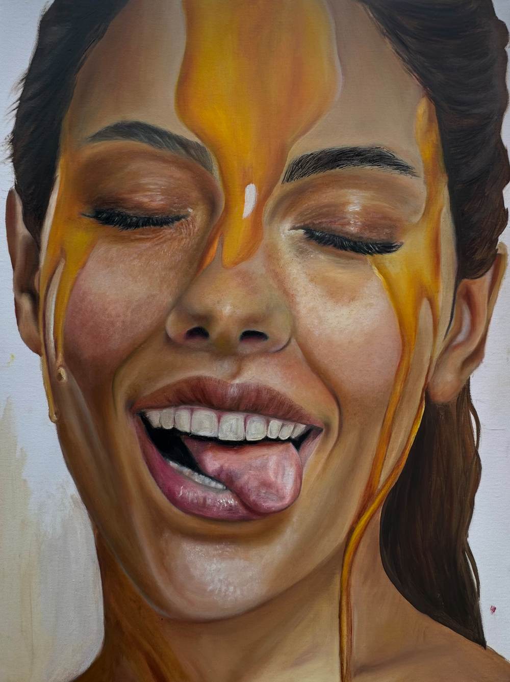 Oil painting of a laughing woman with eyes closed and tongue out as golden honey streams down her face, on a pale ground.