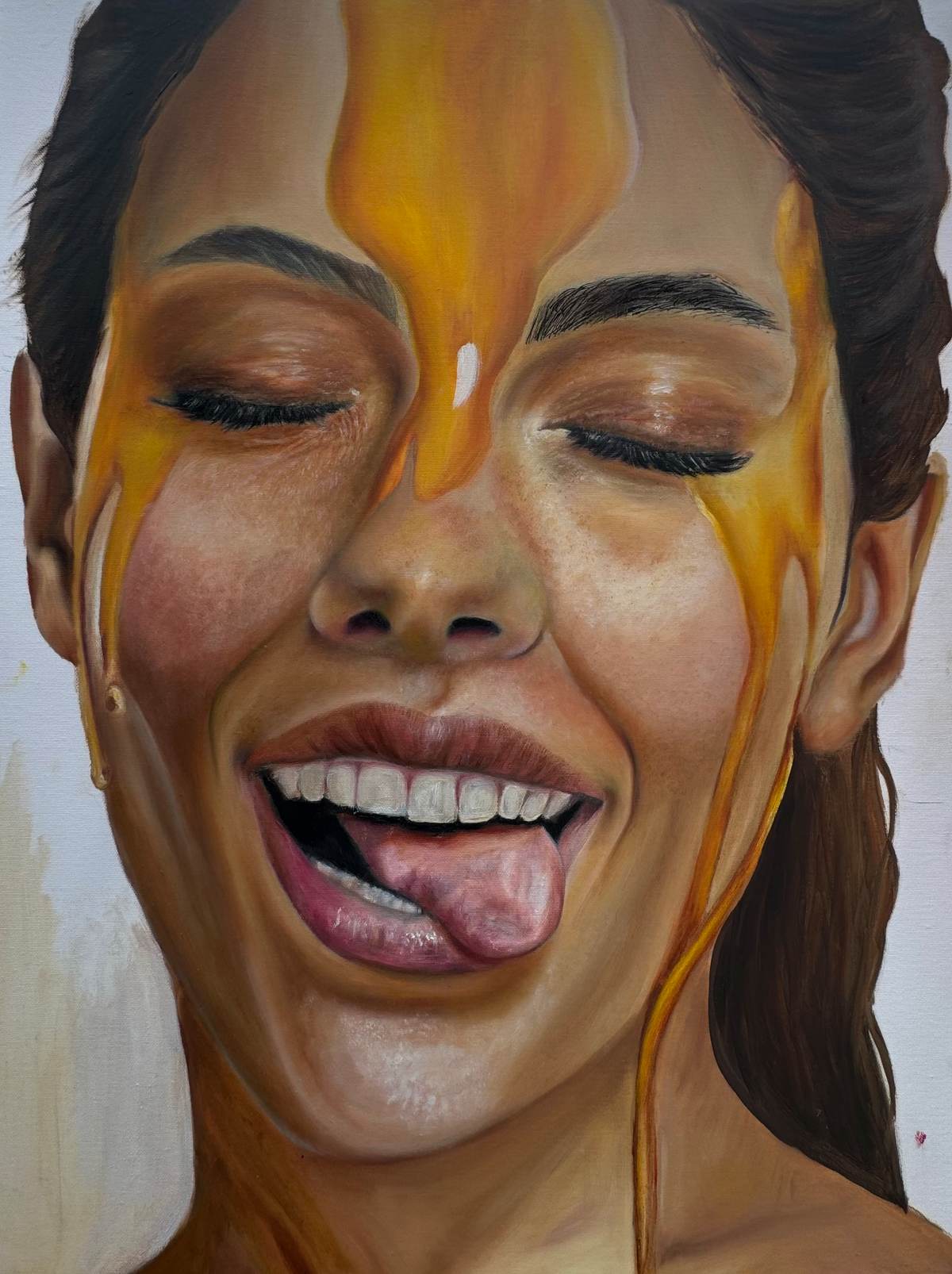Oil painting of a laughing woman with eyes closed and tongue out as golden honey streams down her face, on a pale ground.