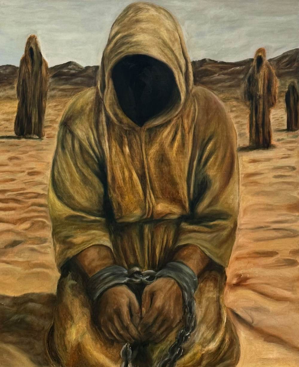 Oil painting of a faceless hooded figure kneeling in the desert with chained wrists, three shrouded figures standing in the distance.