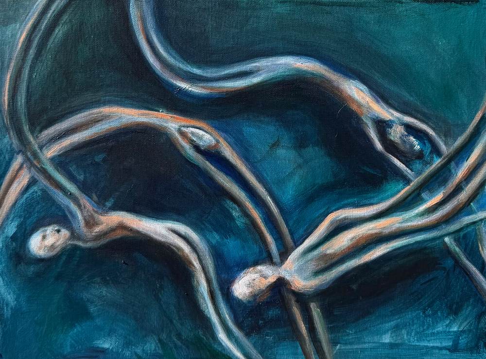 Oil painting of elongated, serpentine figures with small heads arching and intertwining through deep teal water, lit with coral highlights.